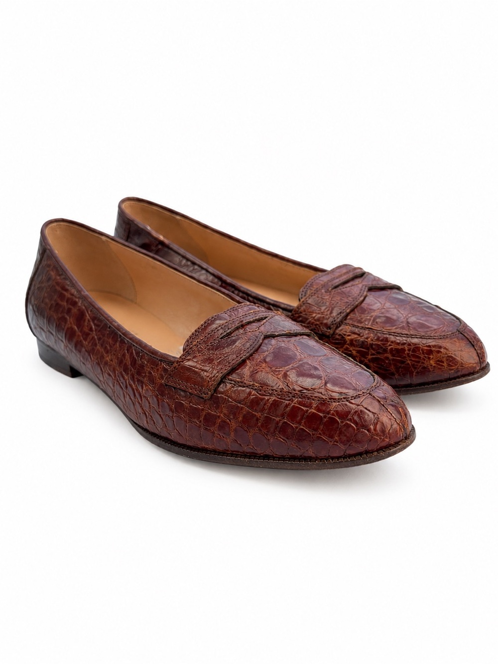 Vintage Saks Fifth Avenue Exotic Crocodile Leather Penny Loafers In Brown-Sz 8.5